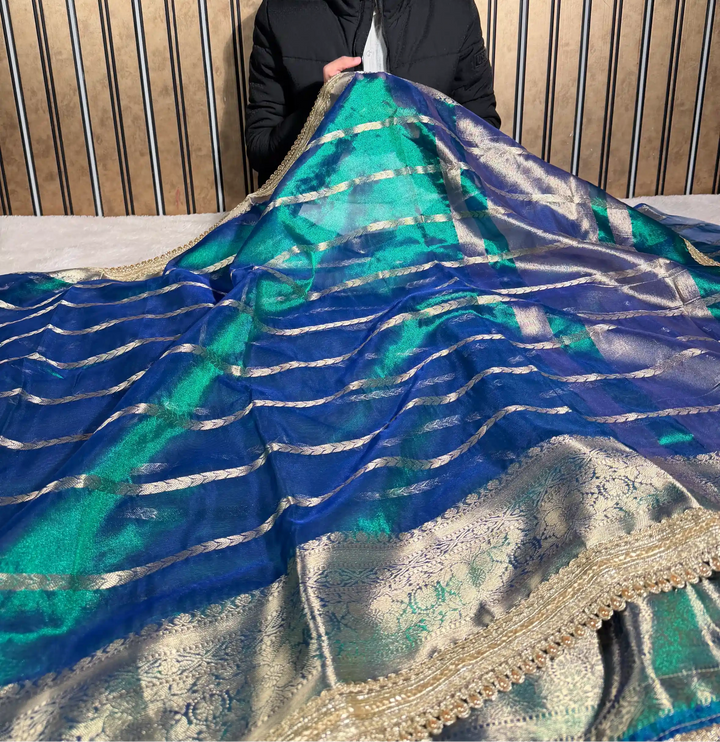 Dhoop Chaon Peacock Tissue Silk Moti Lace Attached Banarasi Saree 