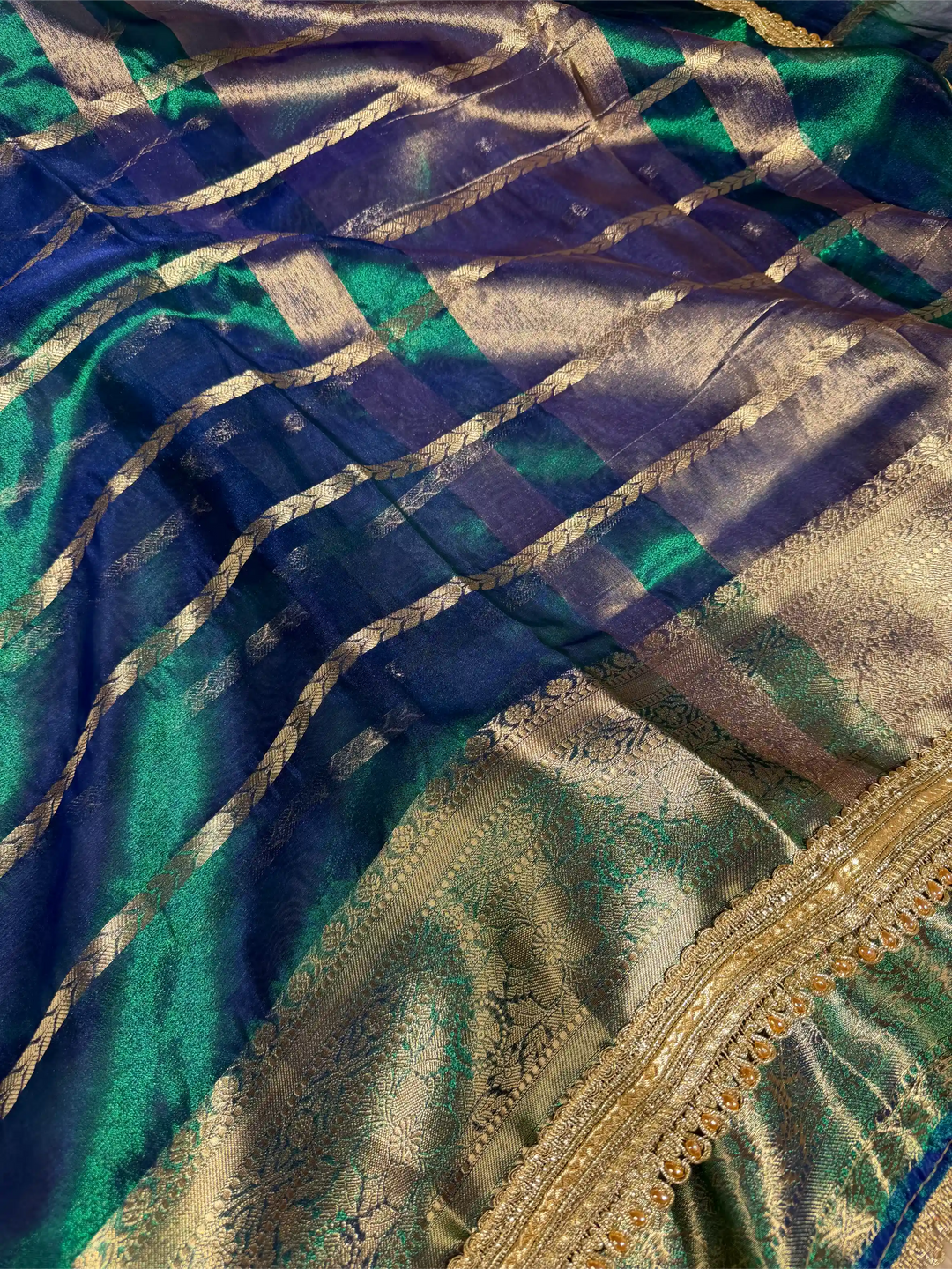 Dhoop Chaon Peacock Tissue Silk Moti Lace Attached Banarasi Saree 