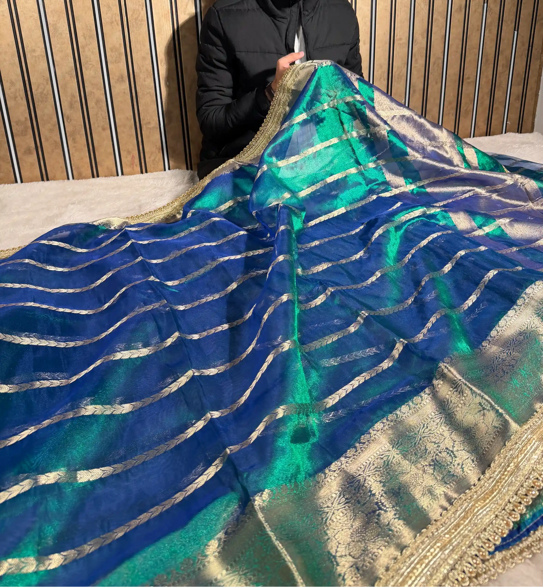 Dhoop Chaon Peacock Tissue Silk Moti Lace Attached Banarasi Saree 