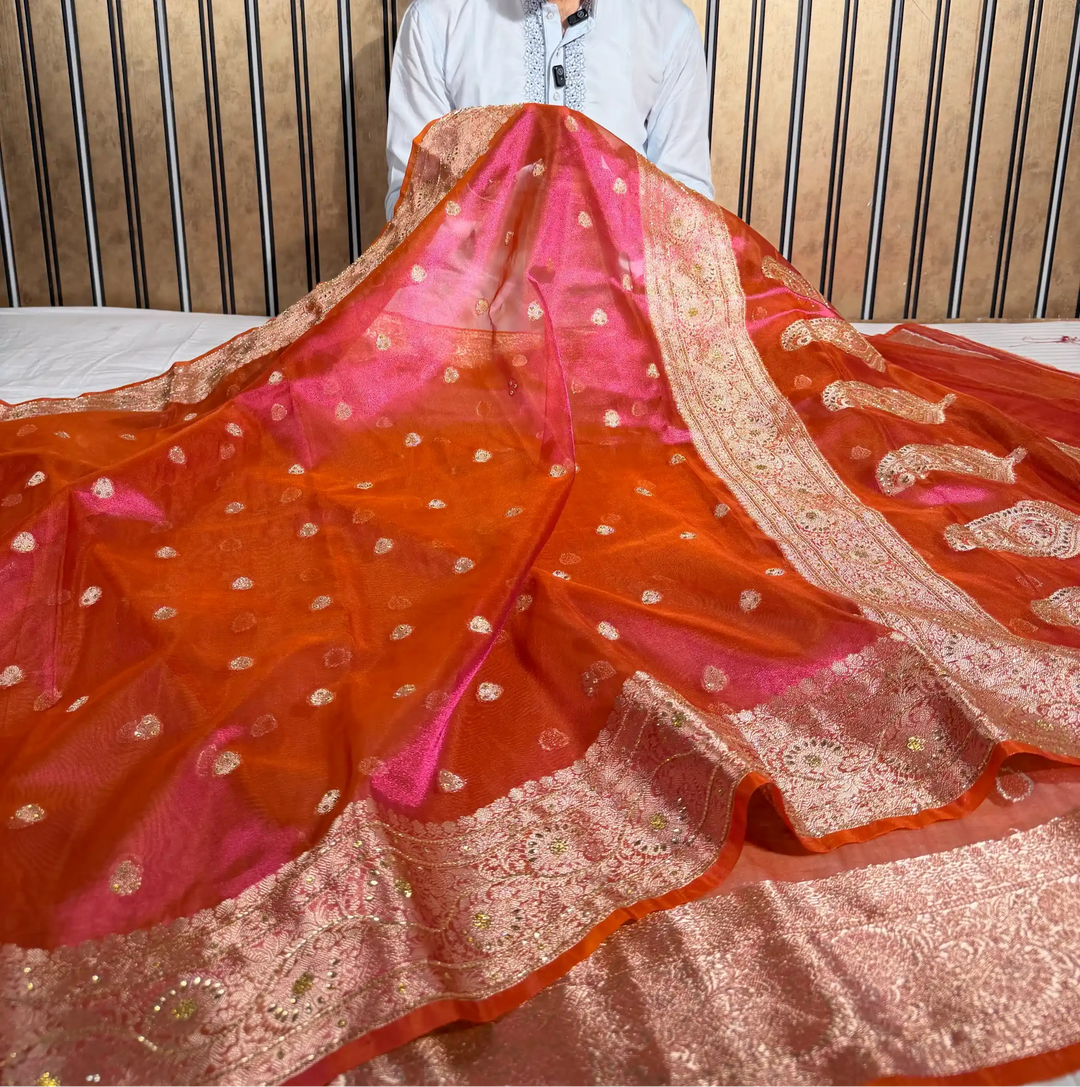 Dhoop Chaon Pink Heritage Tissue Silk Handwork Banarasi Saree