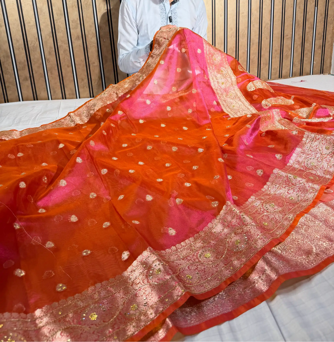 Dhoop Chaon Pink Heritage Tissue Silk Handwork Banarasi Saree