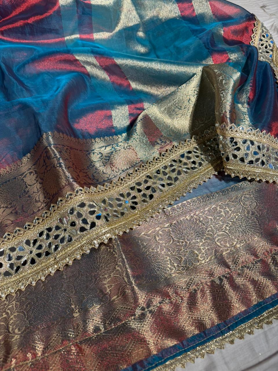 Dhoop Chaon Rare German Blue Shade Tissue Silk Dedo Banarasi Saree