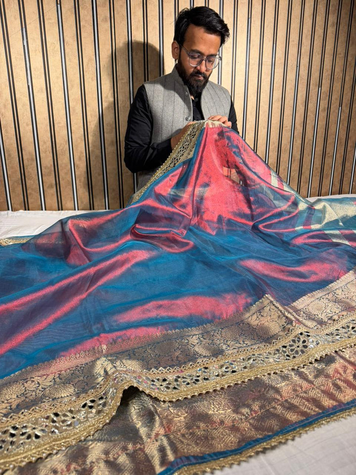 Dhoop Chaon Rare German Blue Shade Tissue Silk Dedo Banarasi Saree