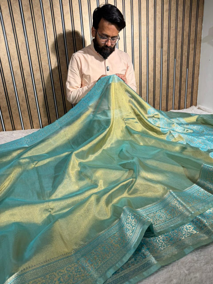 Dhoop Chaon Sea Green Soft Tissue Silk Banarasi Saree