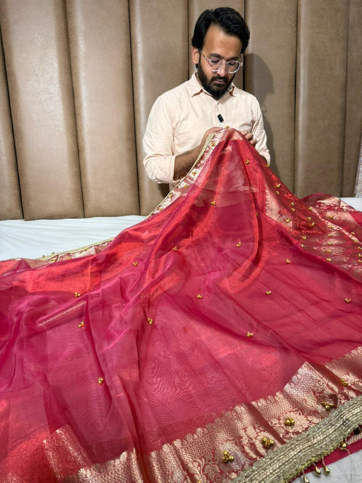 Dhoop Chaon Strawberry Viral Ghungroo Tissue Saree