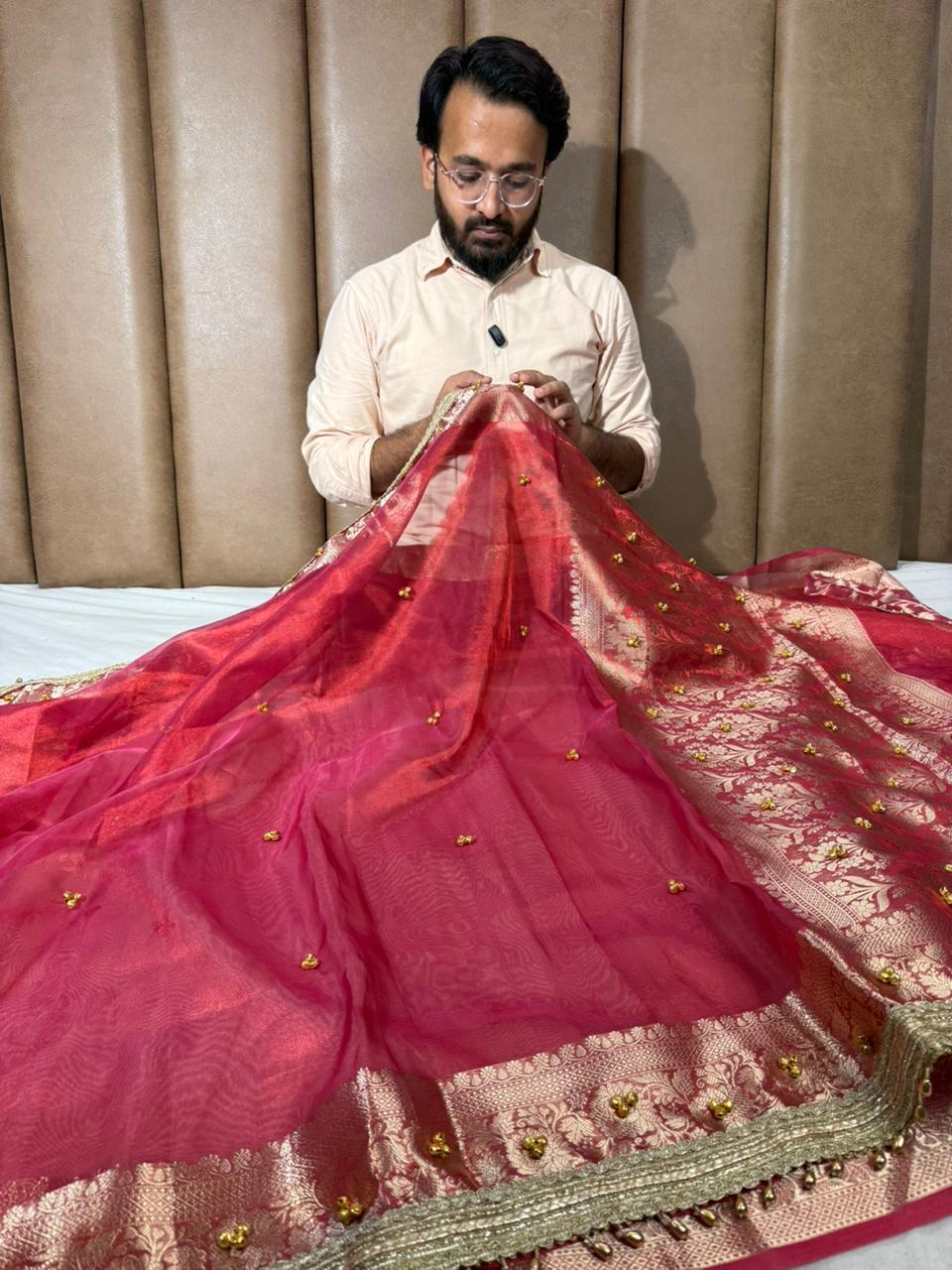 Dhoop Chaon Strawberry Viral Ghungroo Tissue Saree
