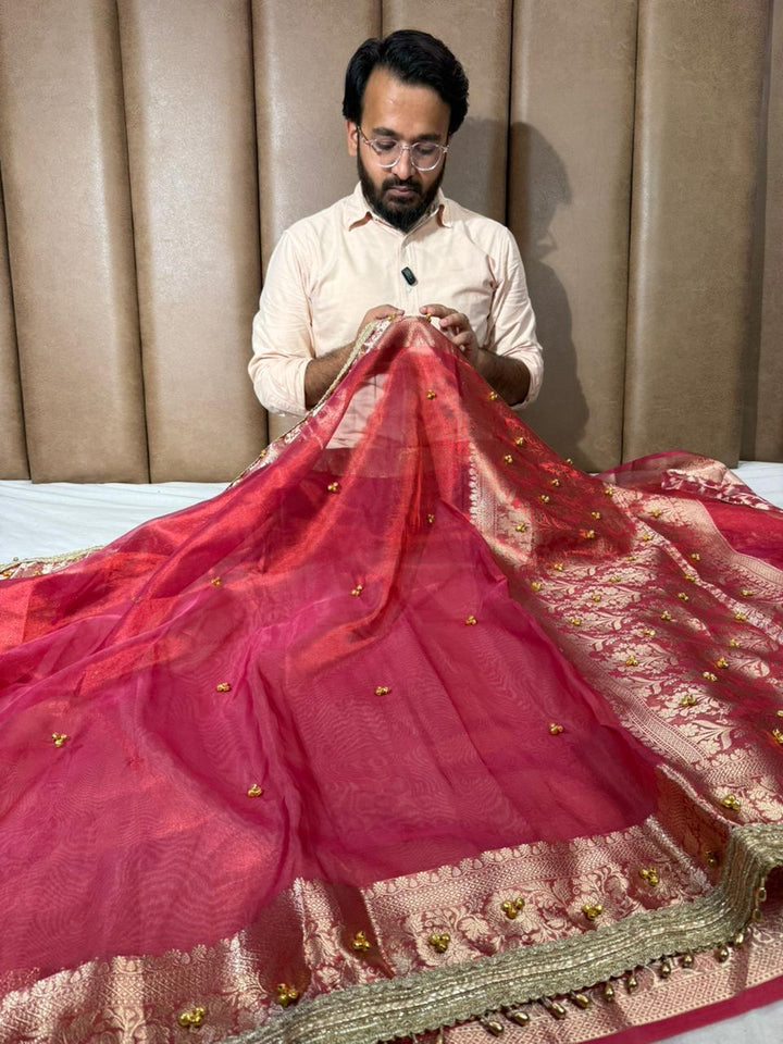 Dhoop Chaon Strawberry Viral Ghungroo Tissue Saree