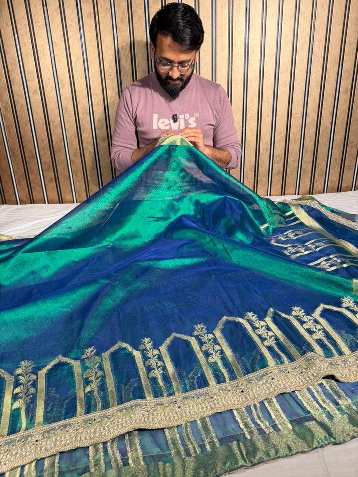 Dhoop Chaon Peacock Heritage Tissue Silk Designer Lace Work Banarasi Saree