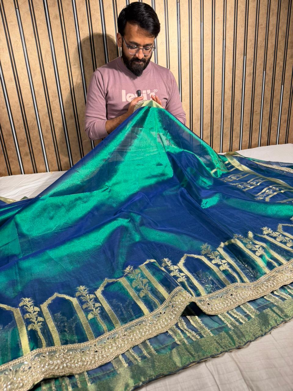 Dhoop Chaon Peacock Heritage Tissue Silk Designer Lace Work Banarasi Saree