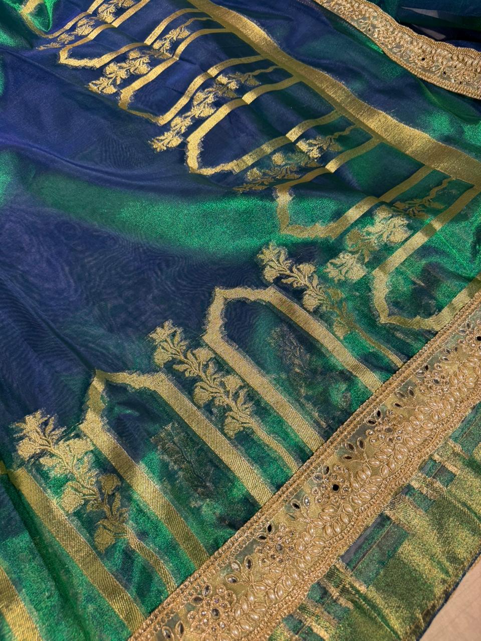 Dhoop Chaon Peacock Heritage Tissue Silk Designer Lace Work Banarasi Saree