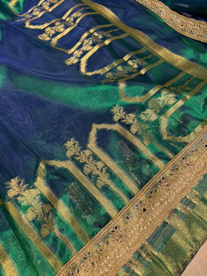 Dhoop Chaon Peacock Heritage Tissue Silk Designer Lace Work Banarasi Saree