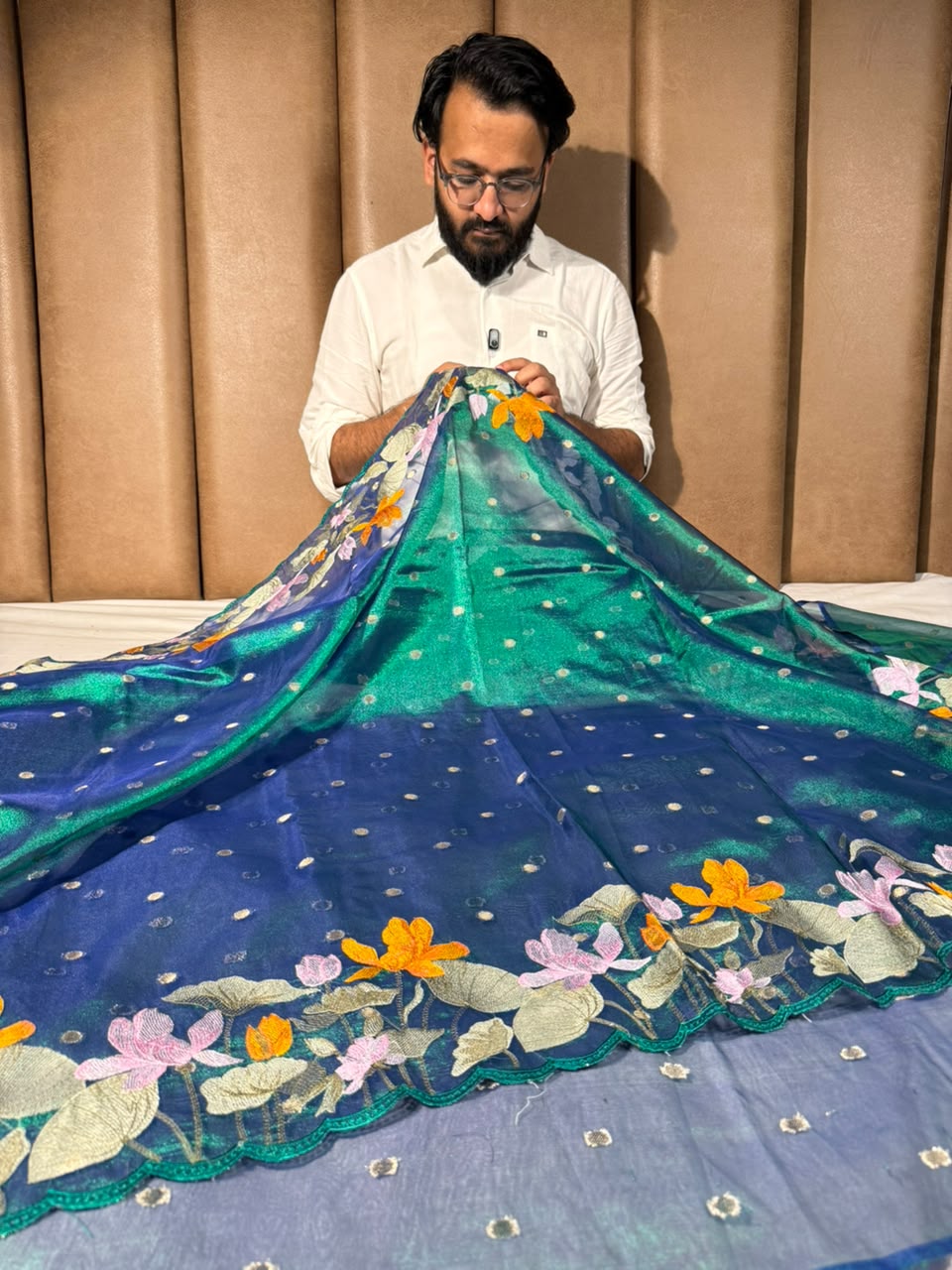 Dhoop Chaon Peacock Kora Tissue Crochet Embroidered Saree