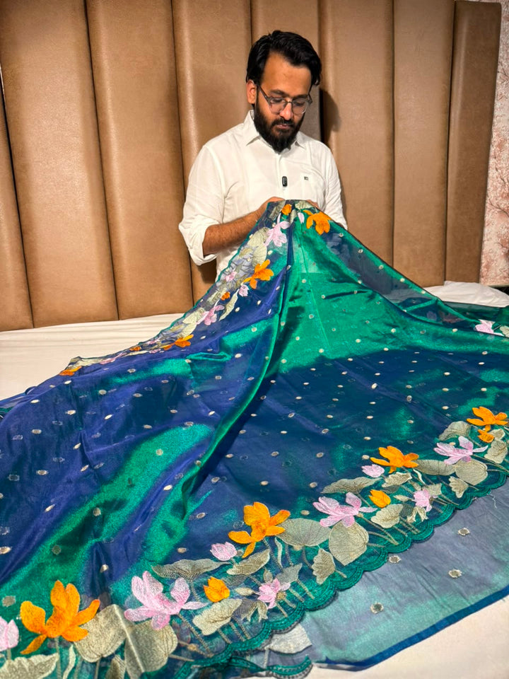 Dhoop Chaon Peacock Kora Tissue Crochet Embroidered Saree