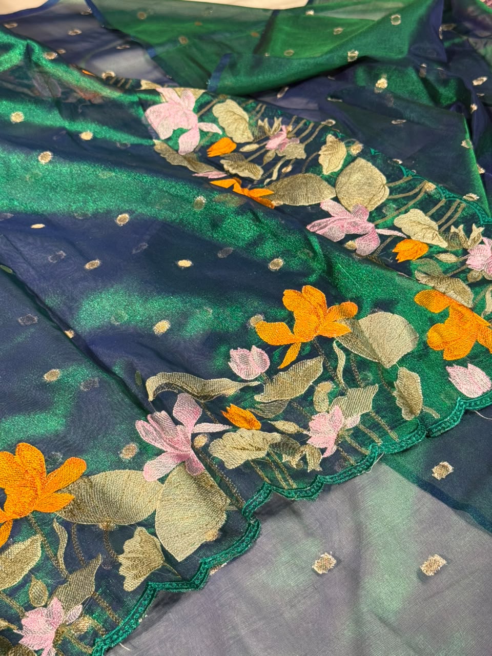 Dhoop Chaon Peacock Kora Tissue Crochet Embroidered Saree