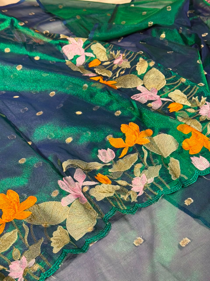 Dhoop Chaon Peacock Kora Tissue Crochet Embroidered Saree