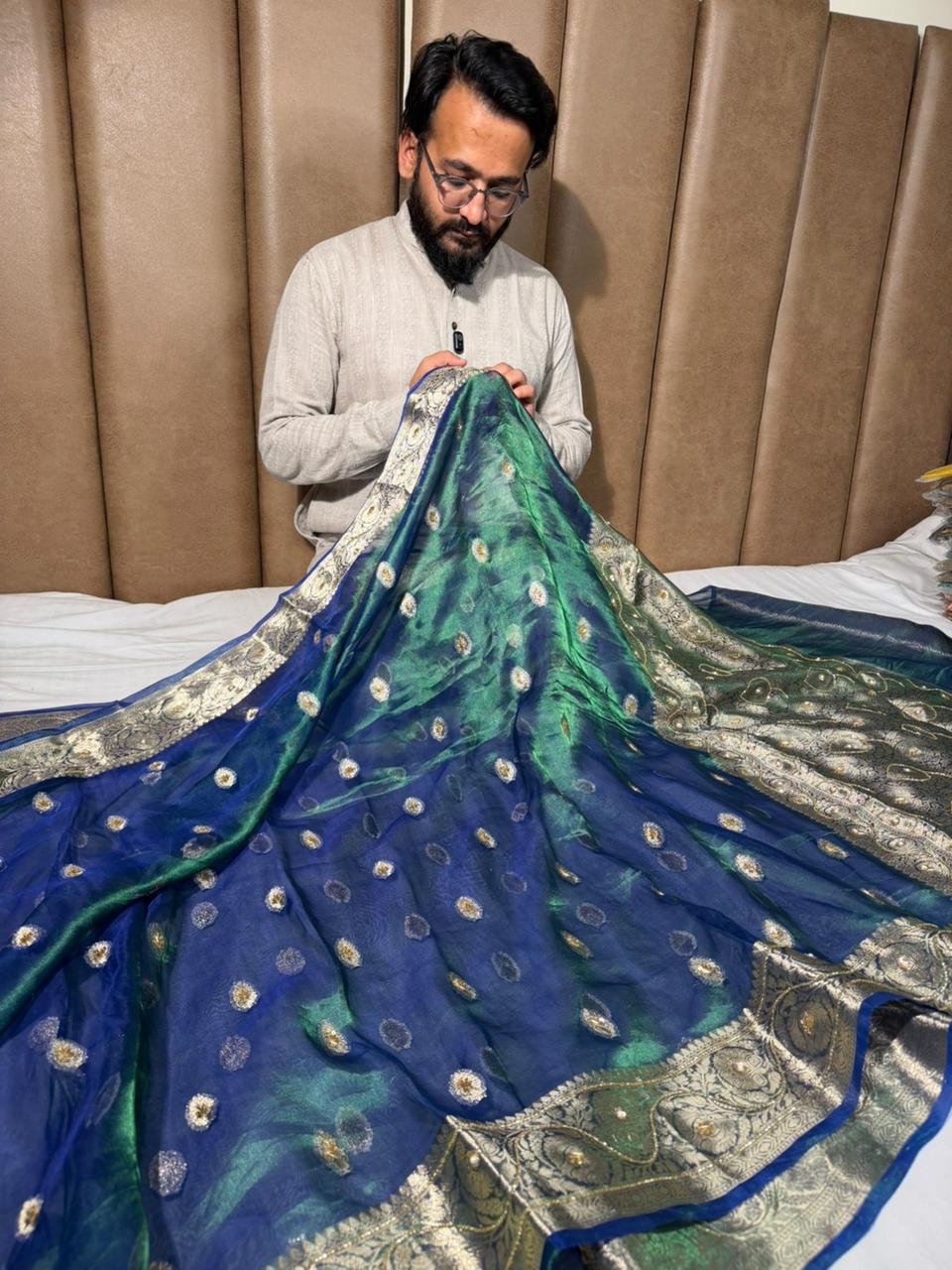 Dhoop Chaon Peacock Pure Tissue Silk Handwork Saree