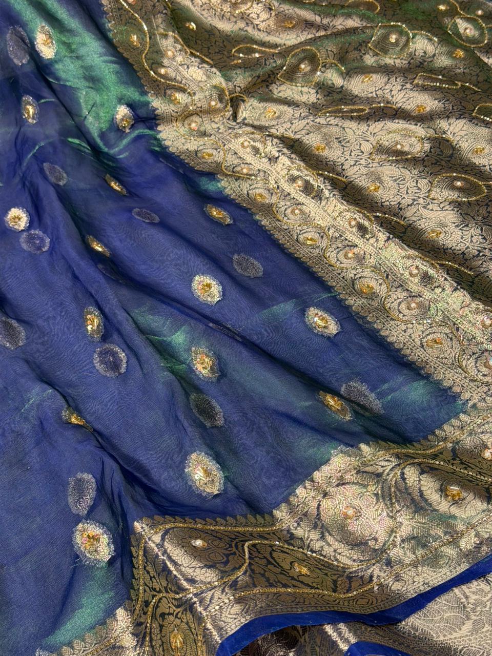 Dhoop Chaon Peacock Pure Tissue Silk Handwork Saree