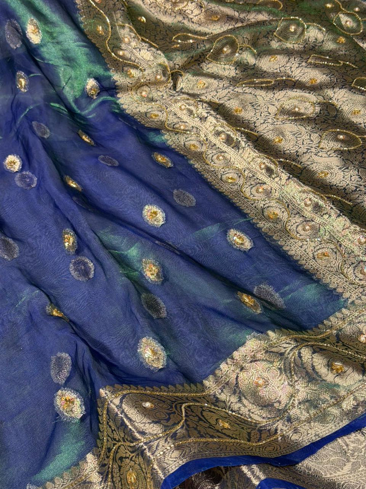 Dhoop Chaon Peacock Pure Tissue Silk Handwork Saree