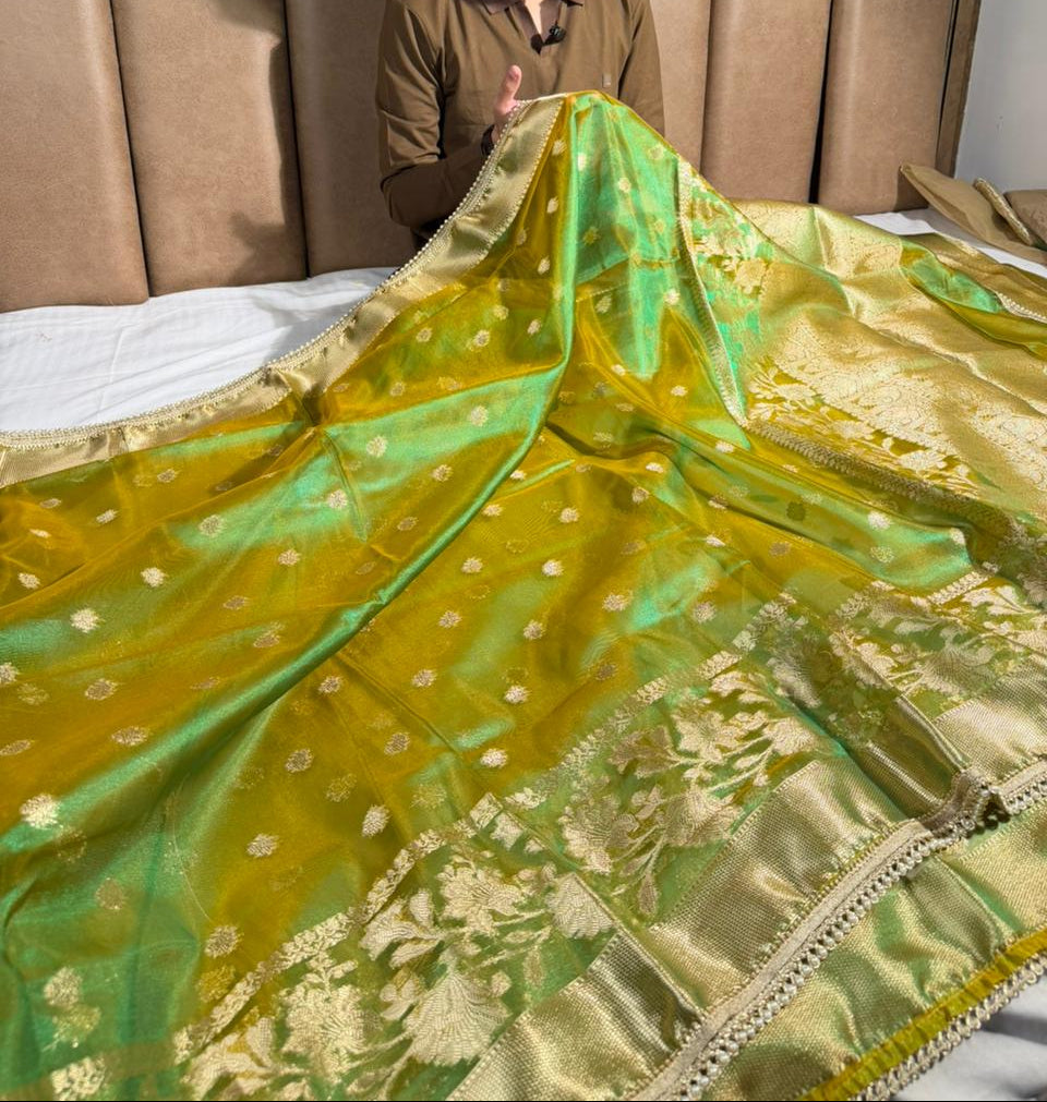 Dhoop chaon green kora tissue designer Banarasi Saree
