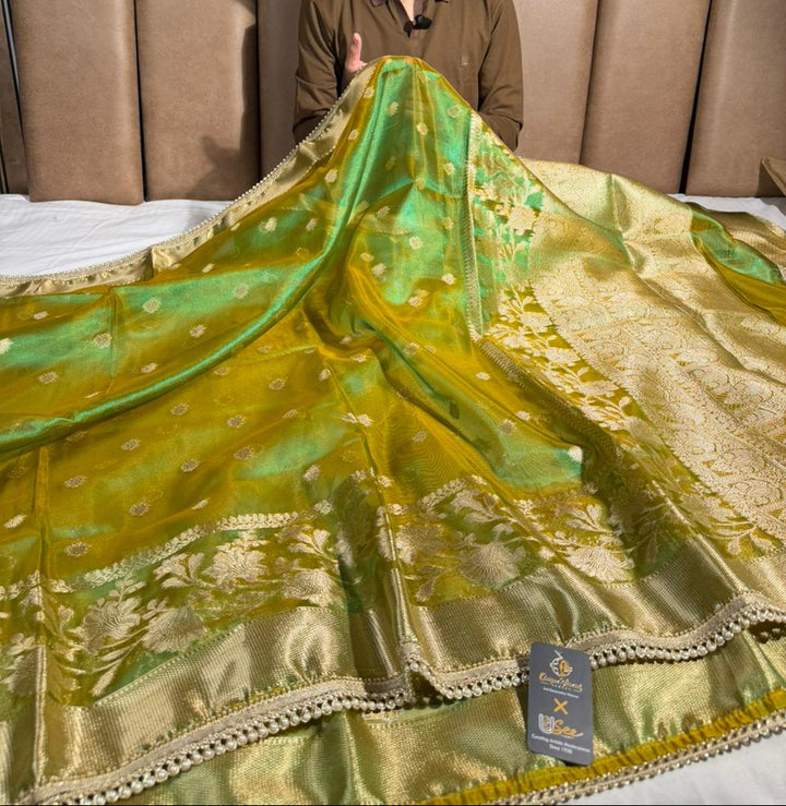 Dhoop chaon green kora tissue designer Banarasi Saree
