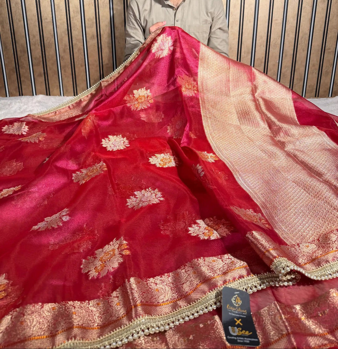 Dhoop chaon red premium tissue silk designer saree