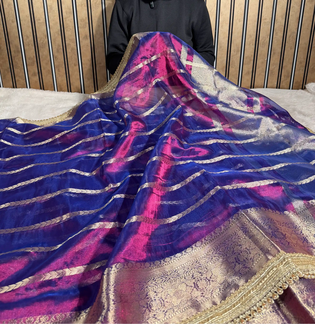 Dual Shaded Baigani Soft Tissue Silk Lace Work Banarasi Saree