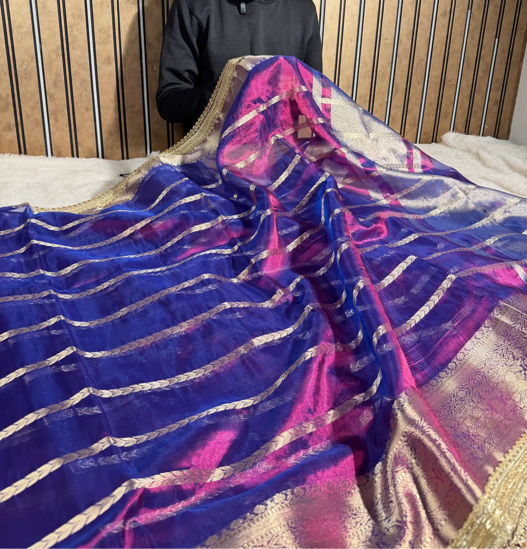 Dual Shaded Baigani Soft Tissue Silk Lace Work Banarasi Saree