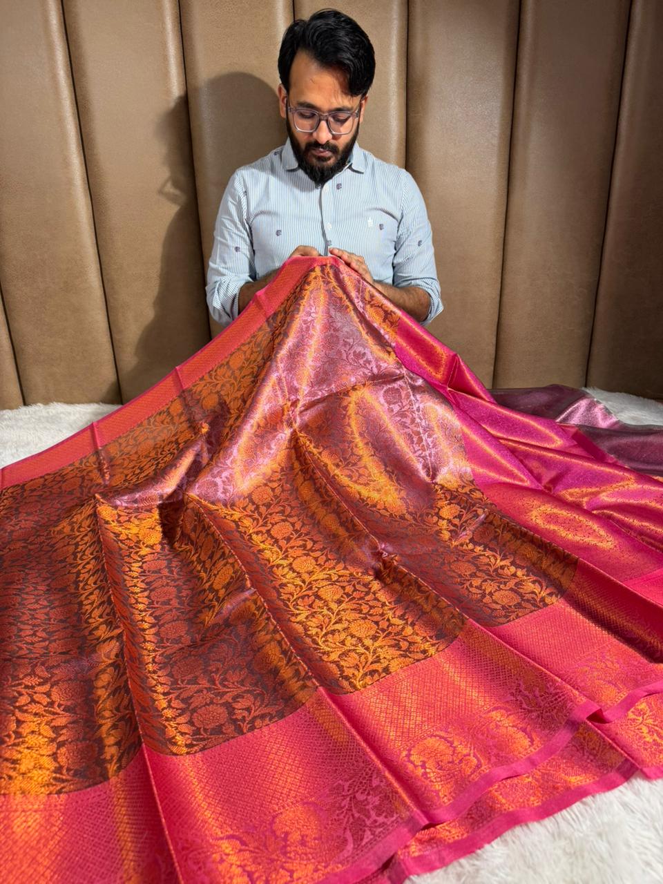 Dual Shaded Embossed Glass Tissue Silk Banarasi Saree