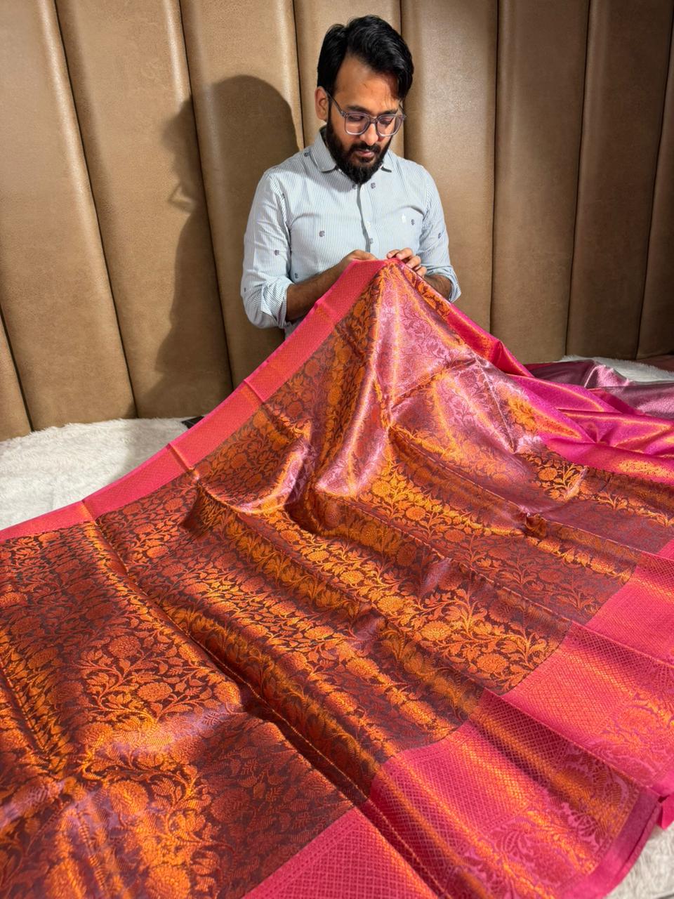 Dual Shaded Embossed Glass Tissue Silk Banarasi Saree
