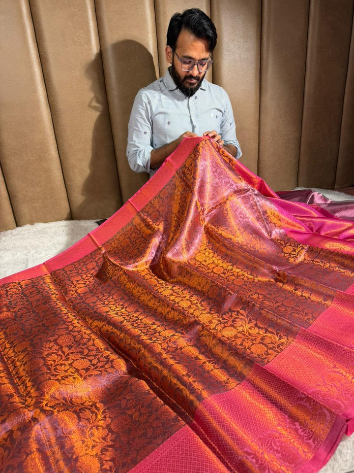 Dual Shaded Embossed Glass Tissue Silk Banarasi Saree