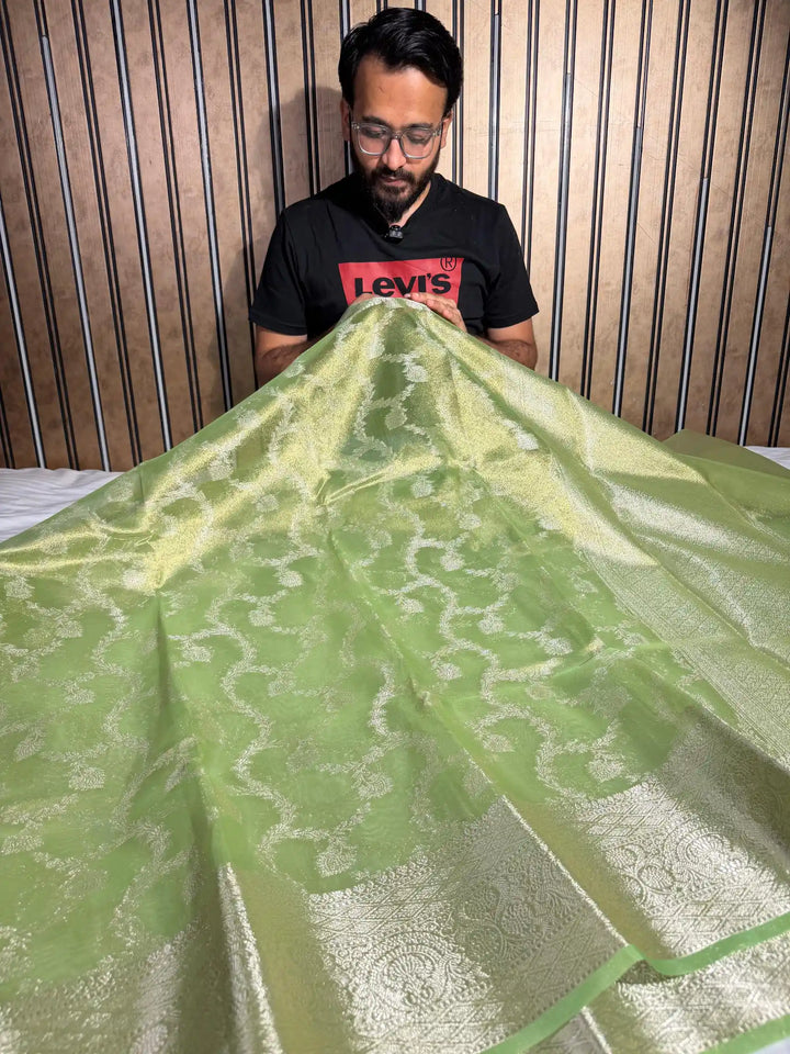 Dual Shaded Metallic Parrot Green Glass Tissue Silk Banarasi Saree