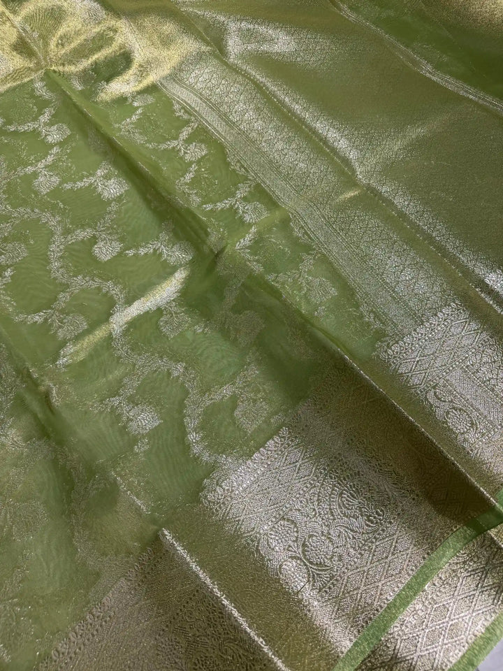 Dual Shaded Metallic Parrot Green Glass Tissue Silk Banarasi Saree