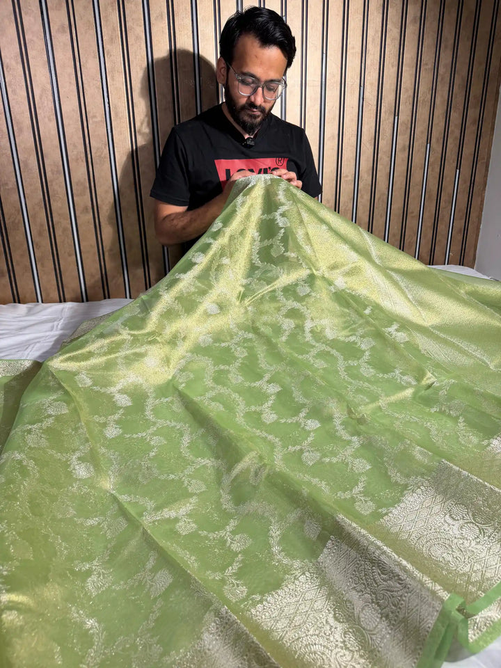 Dual Shaded Metallic Parrot Green Glass Tissue Silk Banarasi Saree