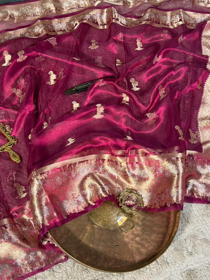 Dual Shaded Rani Pink 100% Pure Tissue Silk Jacquard Weave Banarasi Saree