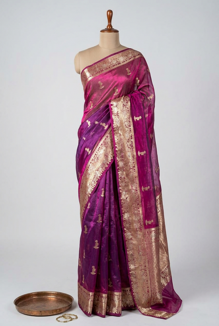 Dual Shaded Rani Pink 100% Pure Tissue Silk Jacquard Weave Banarasi Saree