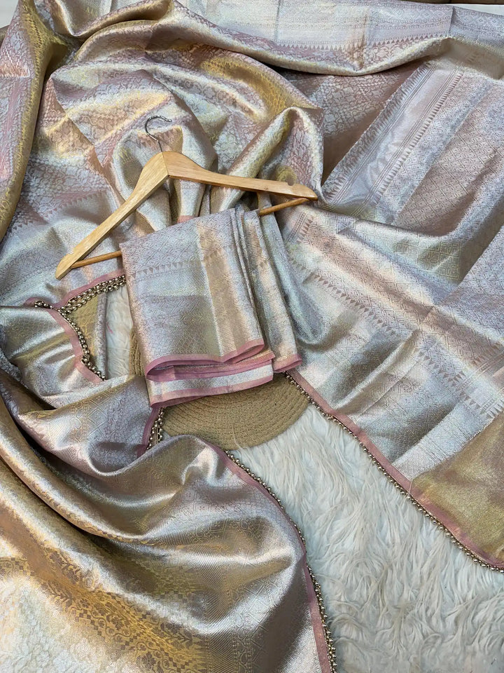 Dual Tone Glass Tissue Silk Ikkat Weave Lace Work Banarasi Saree