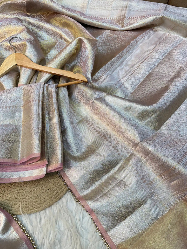 Dual Tone Glass Tissue Silk Ikkat Weave Lace Work Banarasi Saree