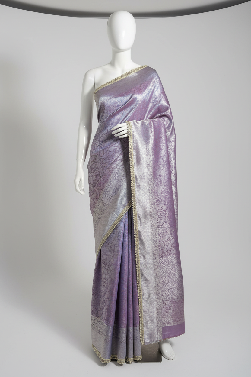 Dual Tone Glass Tissue Silk Saree with Motilace Work and Rich Pallu