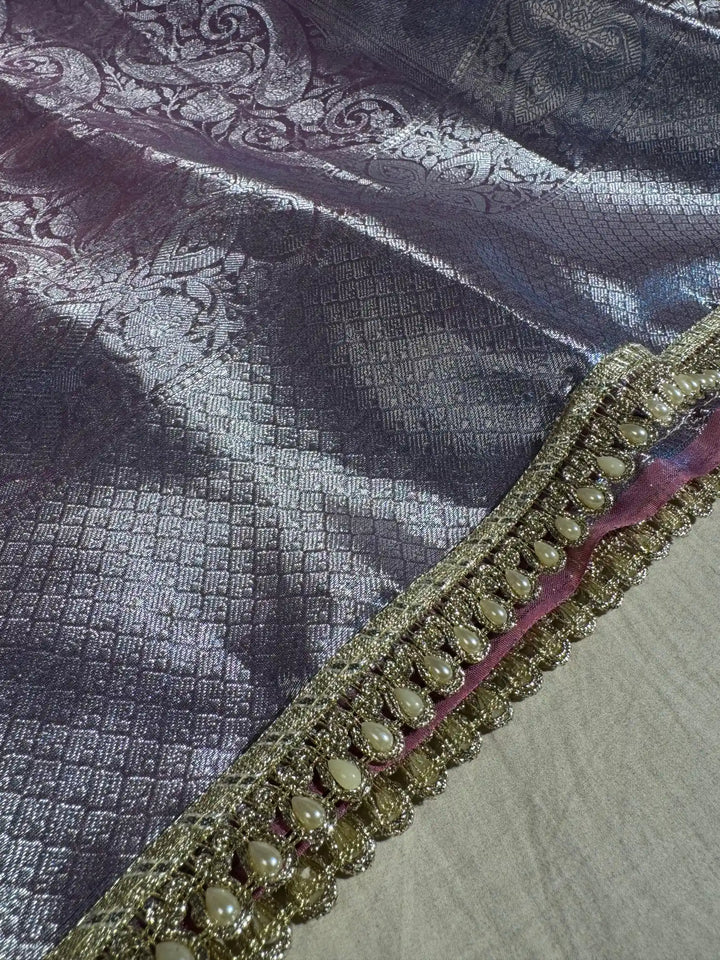 Dual Tone Glass Tissue Silk Saree with Motilace Work and Rich Pallu