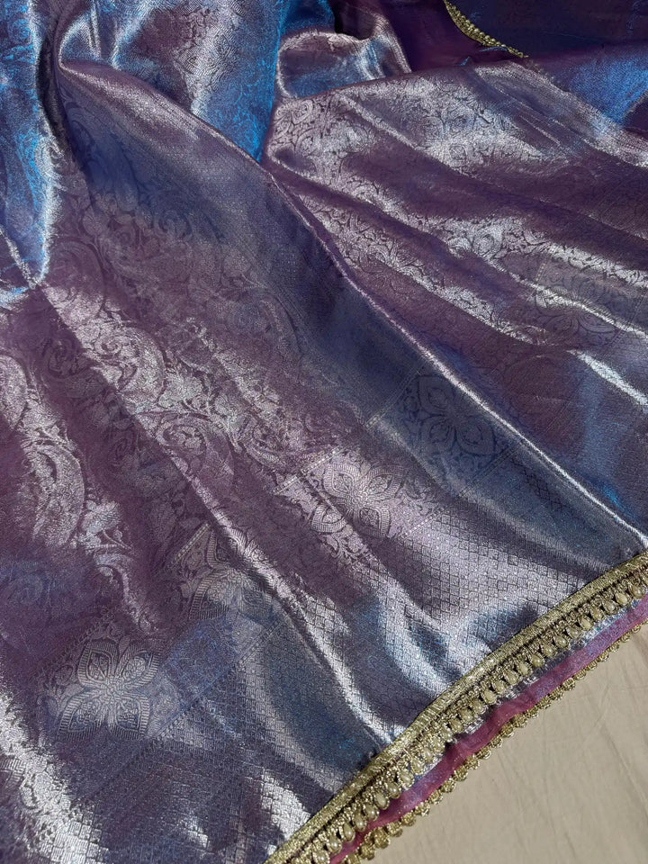 Dual Tone Glass Tissue Silk Saree with Motilace Work and Rich Pallu