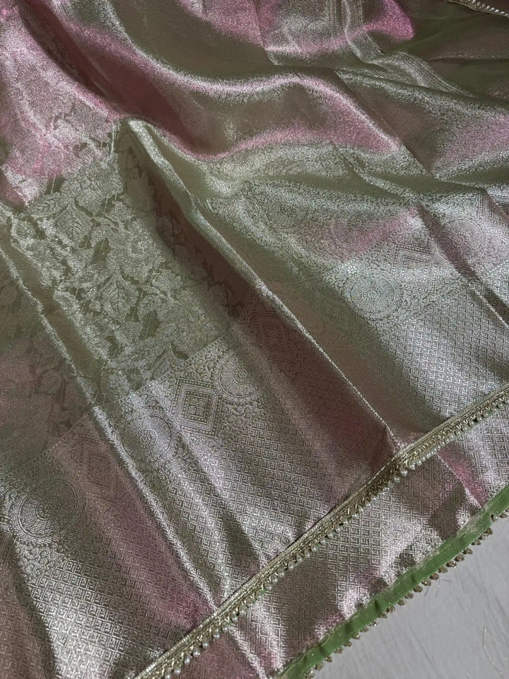 Dual Tone Glass Tissue Silk Saree with Motilace Work and Rich Pallu