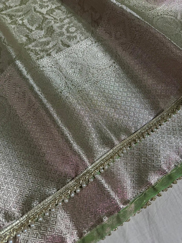 Dual Tone Glass Tissue Silk Saree with Motilace Work and Rich Pallu