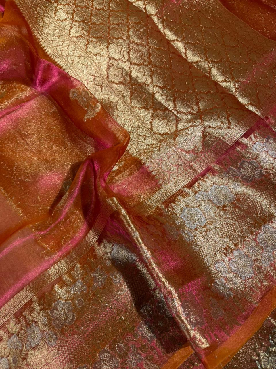 Dual Shaded Rani Orange 100% Pure Tissue Silk Jacquard Weave Banarasi Saree