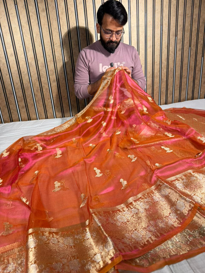 Dual Shaded Rani Orange 100% Pure Tissue Silk Jacquard Weave Banarasi Saree