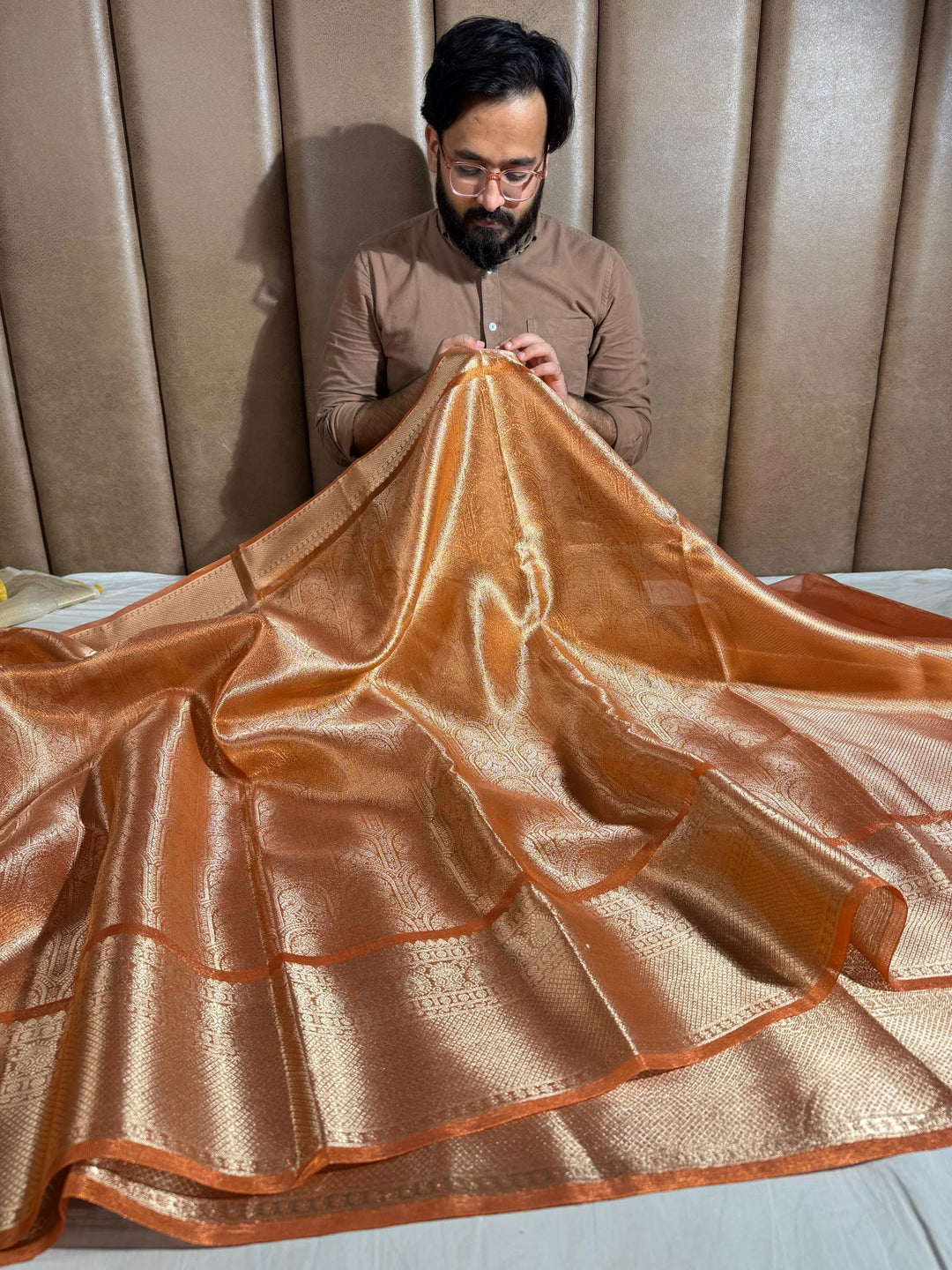 Dust Orange kanjivaram tissue silk daree with rich pallu and blouse