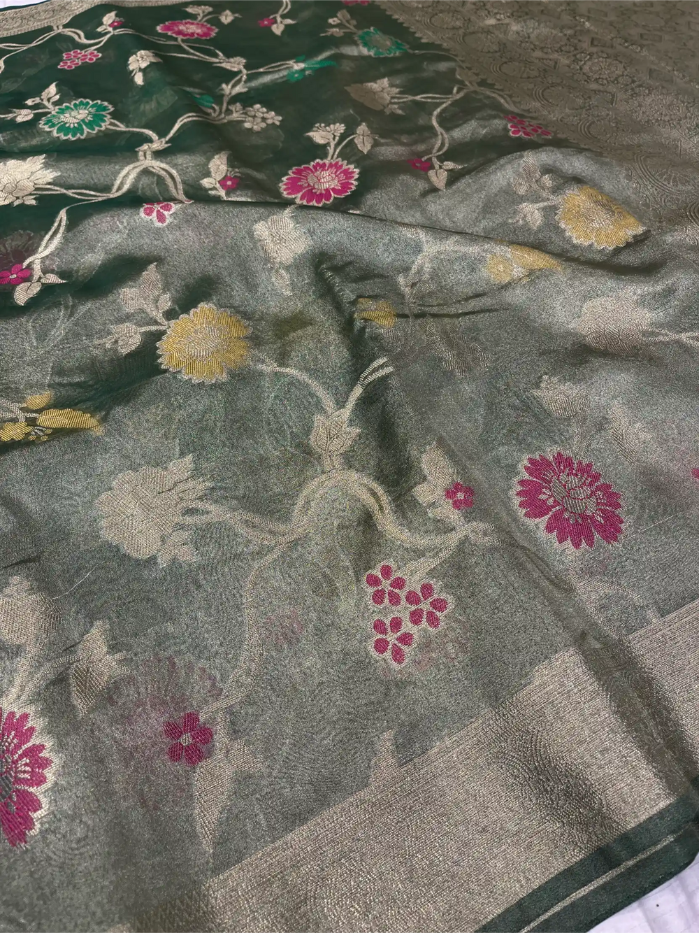 Dusty Green Tissue Silk Meenakari Banarasi Saree