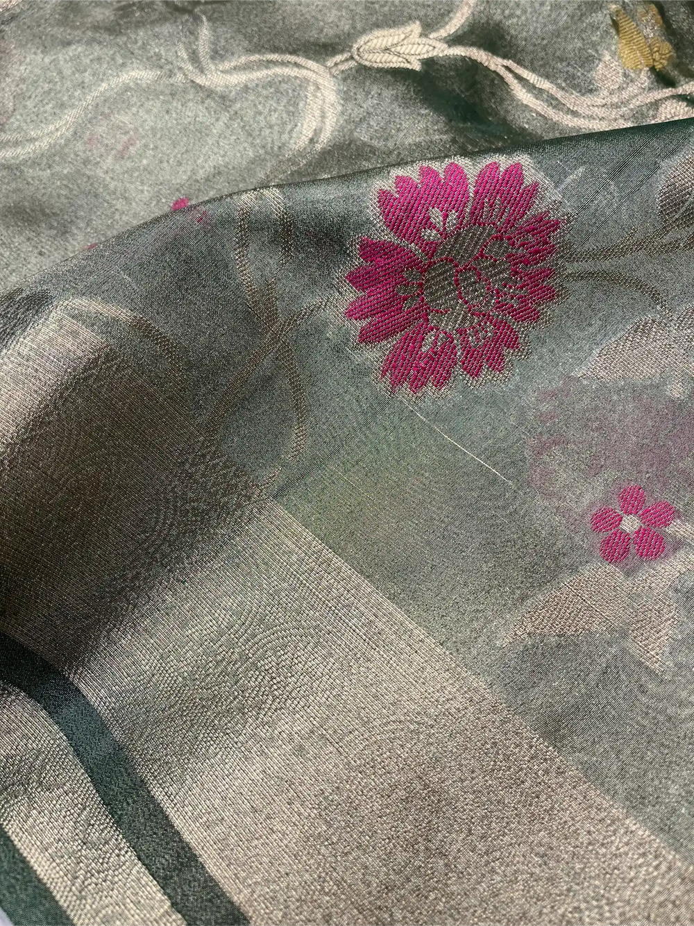 Dusty Green Tissue Silk Meenakari Banarasi Saree