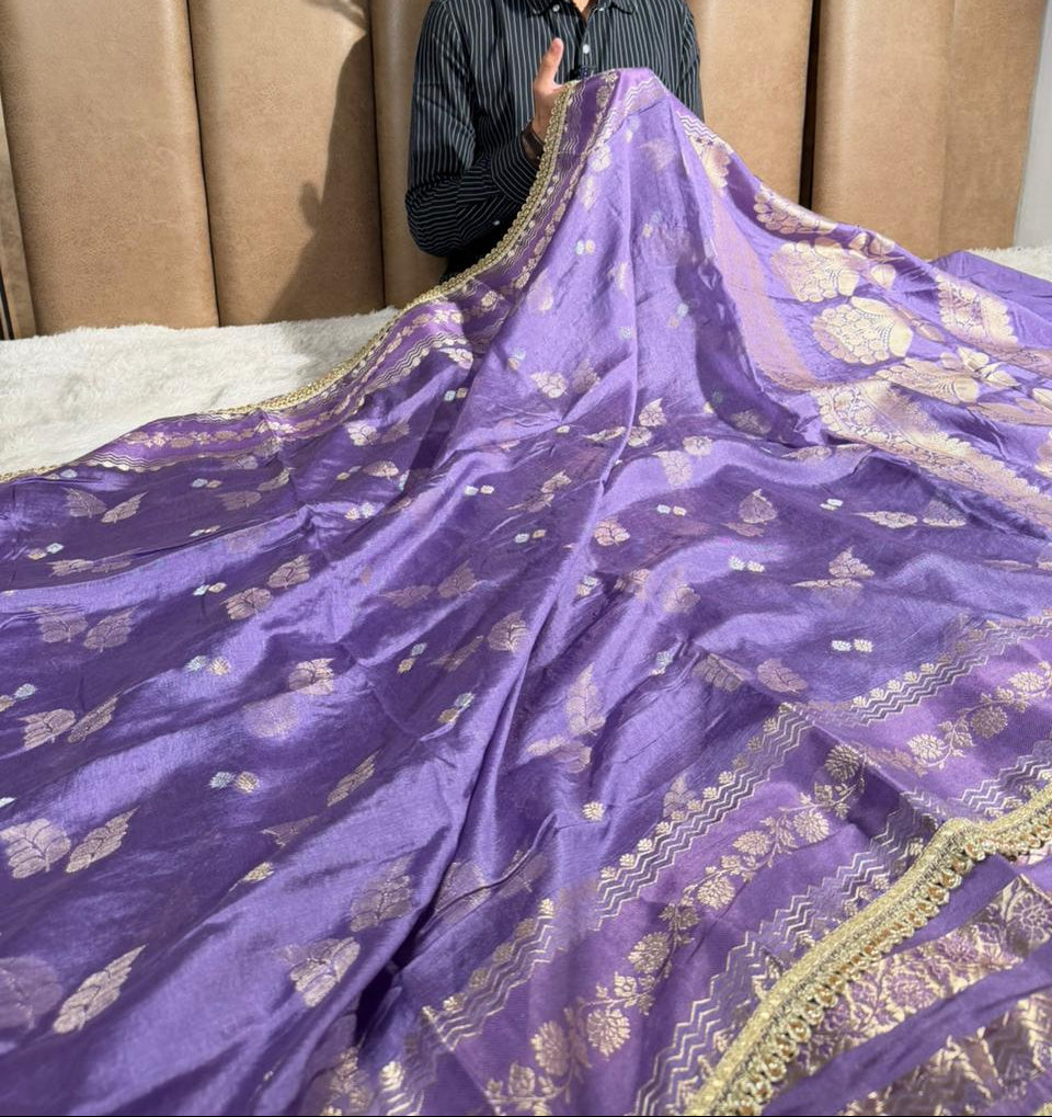 Dusty Lavender Premium Dupion Silk Lace Work Saree