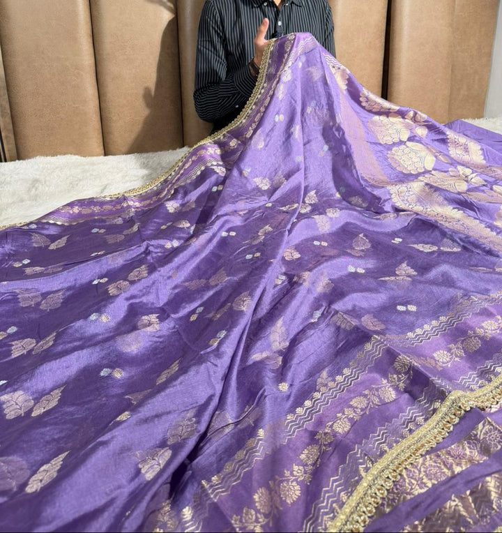 Dusty Lavender Premium Dupion Silk Lace Work Saree