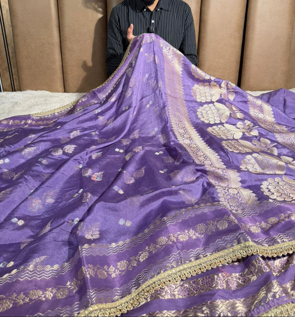 Dusty Lavender Premium Dupion Silk Lace Work Saree